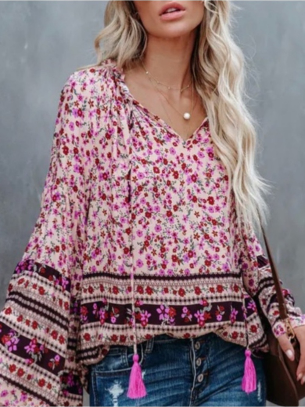 Floral Boho Tassel Tunic Top in Pink